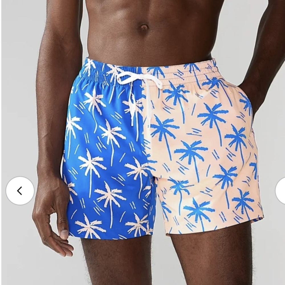 chubbies Split Blue and Peach Palm Tree Swim Trunks